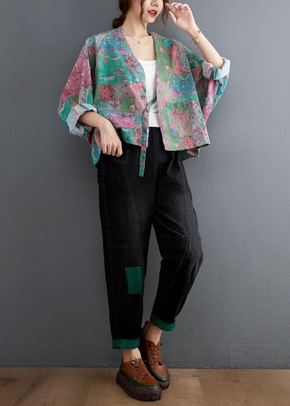 Vintage V Neck Button Pockets Print Fall Coats Long sleeve - Omychic