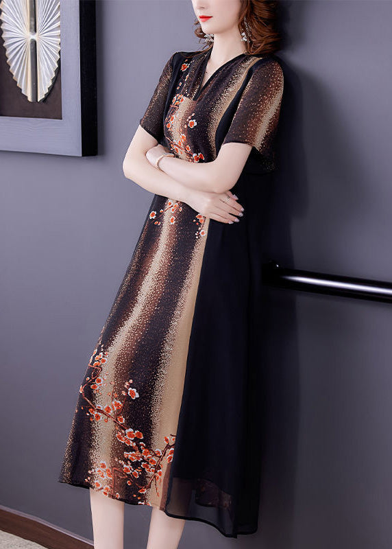 Vintage V Neck Print Patchwork Silk Maxi Dress Short Sleeve