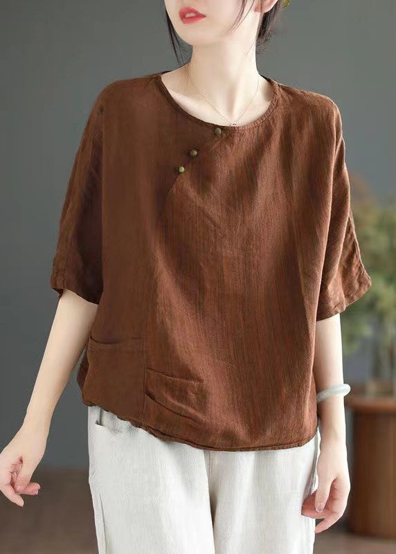 Vintage Versatile Coffee O Neck Linen T Shirts Half Sleeve