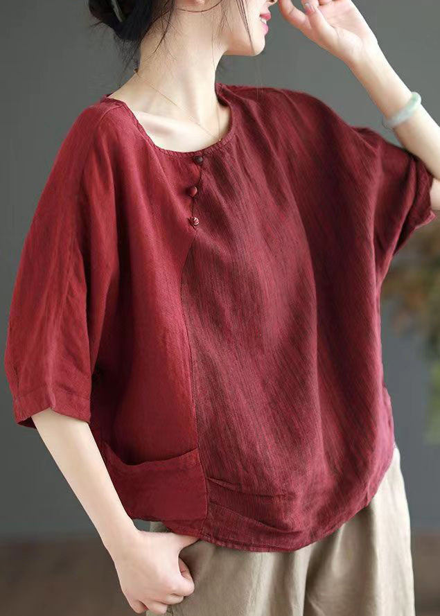 Vintage Versatile Coffee O Neck Linen T Shirts Half Sleeve