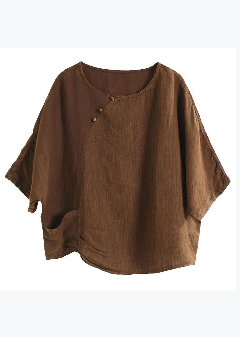 Vintage Versatile Coffee O Neck Linen T Shirts Half Sleeve