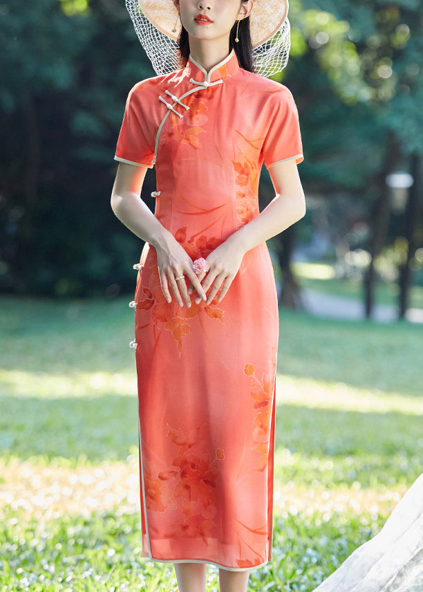 Vintage Watermelon red Mandarin Collar Print Silk cheongsam Dresses Short Sleeve