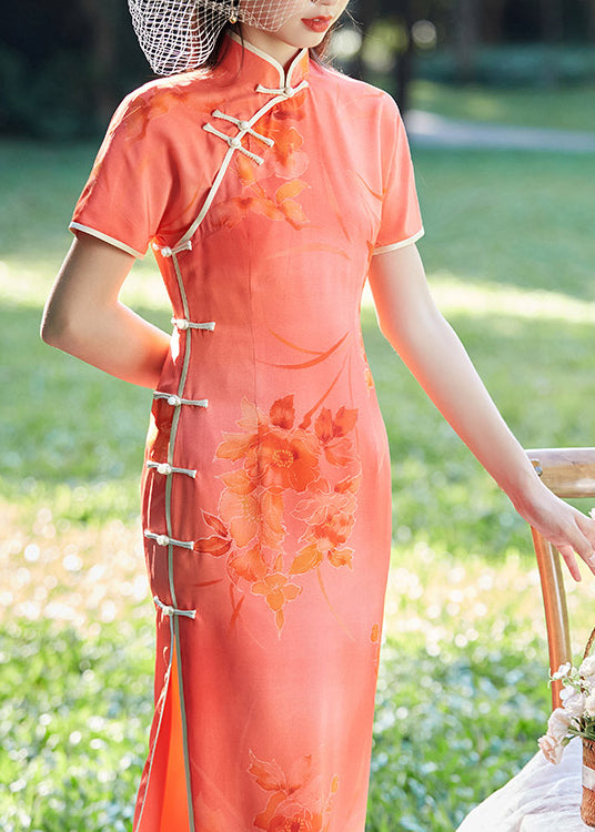 Vintage Watermelon red Mandarin Collar Print Silk cheongsam Dresses Short Sleeve