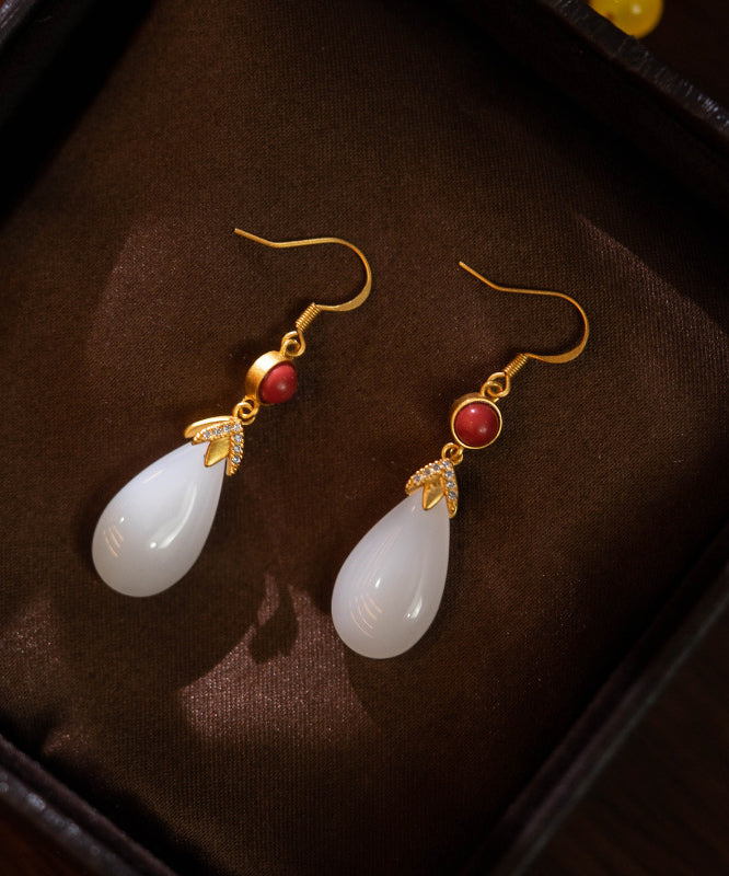 Vintage White Colour Agate Jade Water Drop Drop Earrings