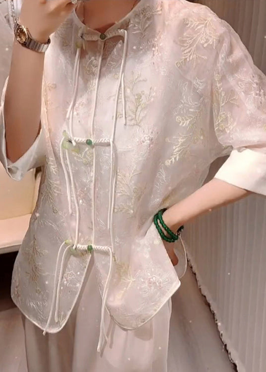 Vintage White Embroideried Chinese Button Patchwork Silk Blouses Summer