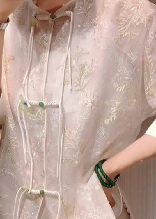 Vintage White Embroideried Chinese Button Patchwork Silk Blouses Summer