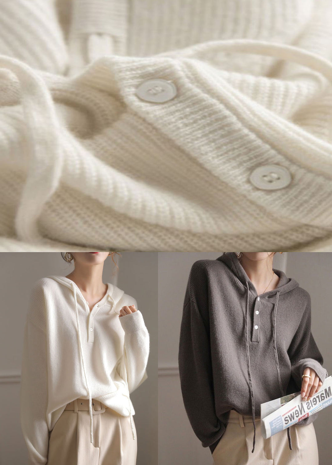 Vintage White Hooded Patchwork Wool Sweatshirts Spring
