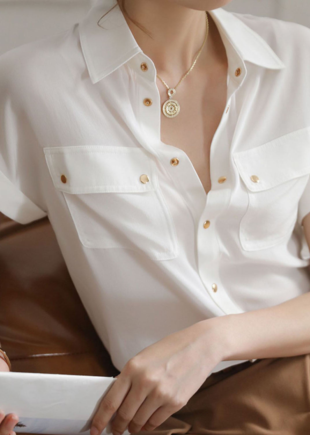 Vintage White Pockets Patchwork Cotton Shirts Top Summer