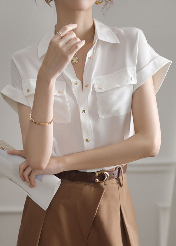 Vintage White Pockets Patchwork Cotton Shirts Top Summer