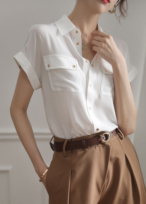 Vintage White Pockets Patchwork Cotton Shirts Top Summer