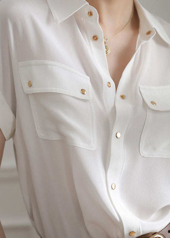 Vintage White Pockets Patchwork Cotton Shirts Top Summer