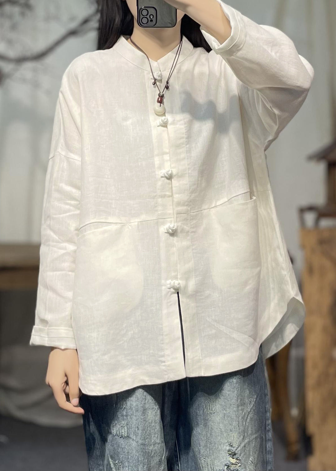 Vintage White Stand Collar Pockets Patchwork Linen Shirts Spring