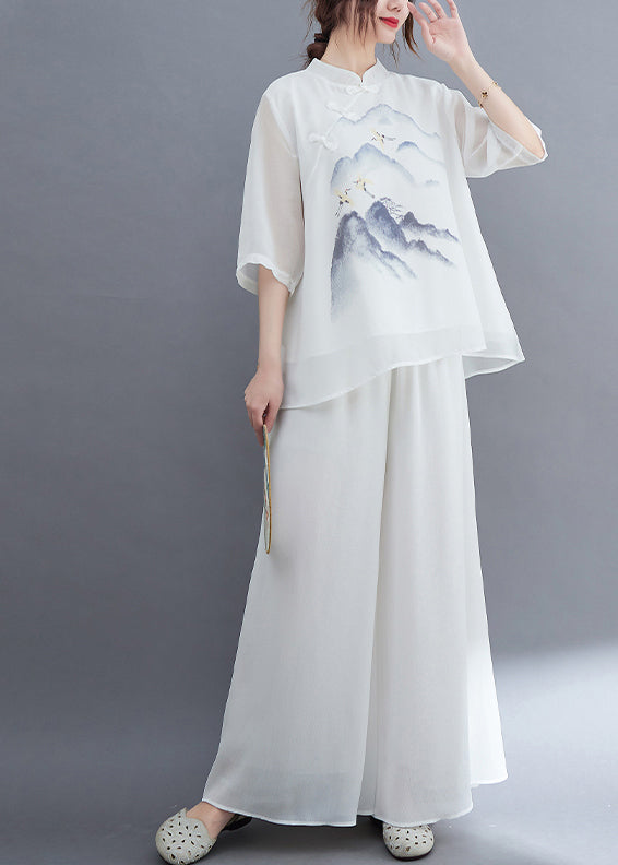 Vintage White Stand Collar Print Chinese Button Chiffon Tops And Pants Two Pieces Set Summer
