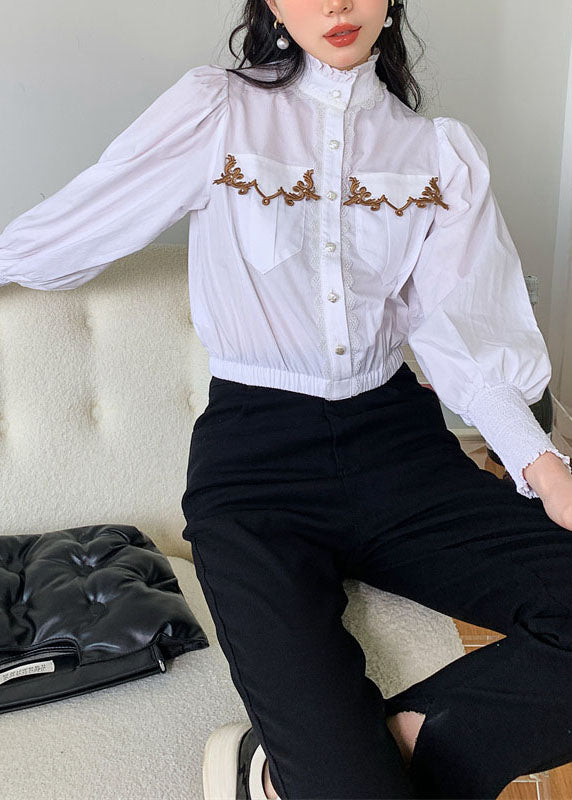 Vintage White Stand Collar Ruffled Patchwork Cotton Blouses Spring