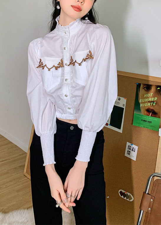 Vintage White Stand Collar Ruffled Patchwork Cotton Blouses Spring