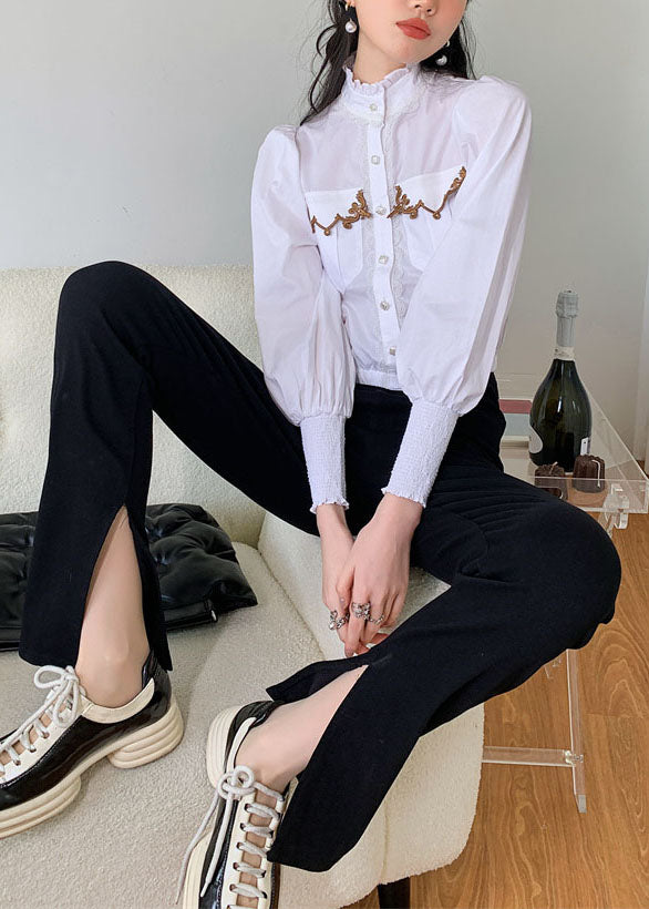 Vintage White Stand Collar Ruffled Patchwork Cotton Blouses Spring