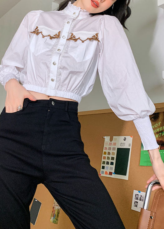 Vintage White Stand Collar Ruffled Patchwork Cotton Blouses Spring