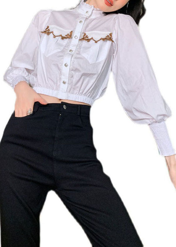 Vintage White Stand Collar Ruffled Patchwork Cotton Blouses Spring