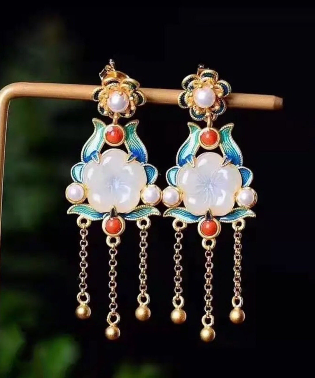 Vintage White Sterling Silver Overgild Inlaid Jade Agate Pearl Drop Earrings