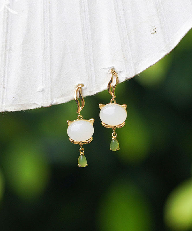 Vintage White Sterling Silver Overgild Jade Drop Earrings