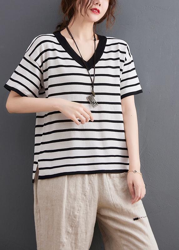 Vintage White Striped Cotton Linen Tops Summer - Omychic