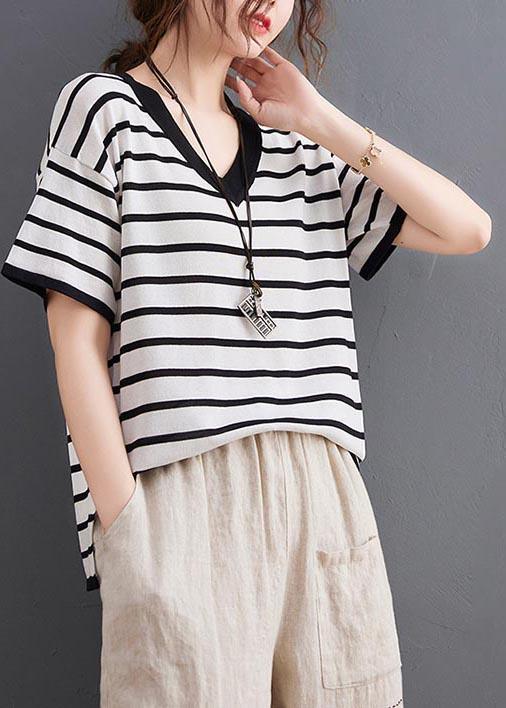 Vintage White Striped Cotton Linen Tops Summer - Omychic