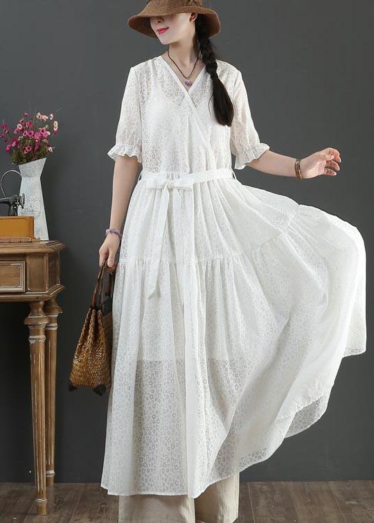 Vintage White V Neck Button Maxi Summer Cotton Dress - Omychic