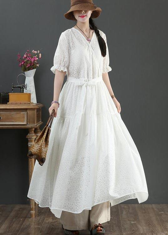 Vintage White V Neck Button Maxi Summer Cotton Dress - Omychic