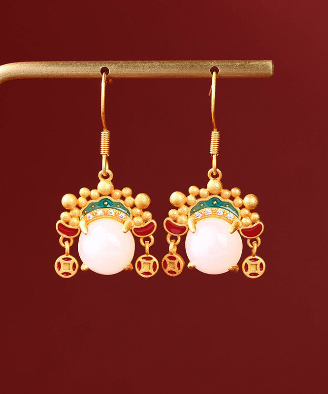 Vintage Yellow Ancient Gold Inlaid Zircon Pearl Dao Ma Dan Face Mask Drop Earrings
