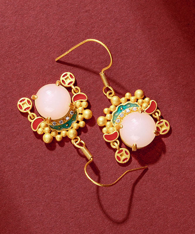 Vintage Yellow Ancient Gold Inlaid Zircon Pearl Dao Ma Dan Face Mask Drop Earrings