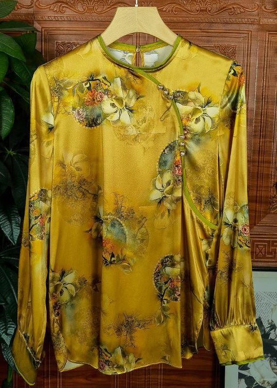 Vintage Yellow Button Print Patchwork Silk Shirts Long Sleeve