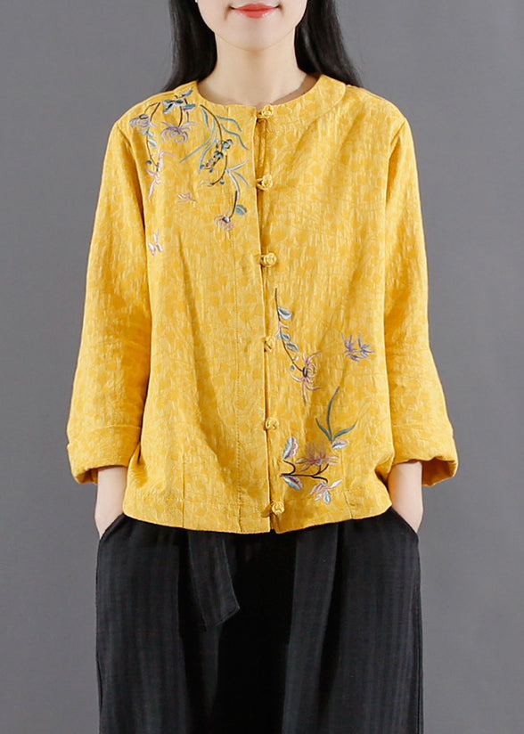 Vintage Yellow Embroideried Button Patchwork Cotton Coats Fall