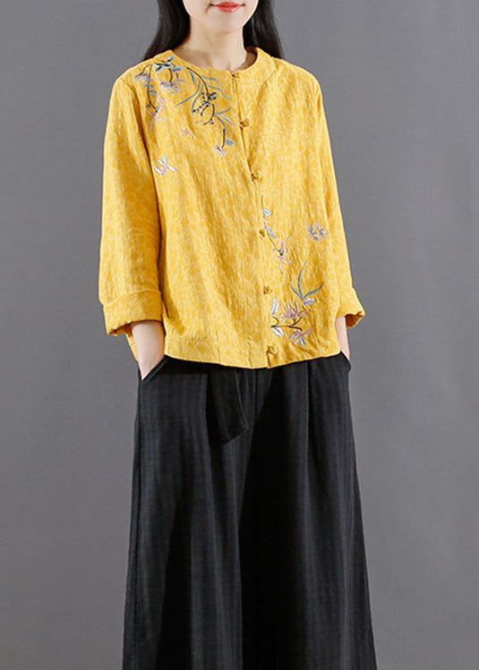 Vintage Yellow Embroideried Button Patchwork Cotton Coats Fall