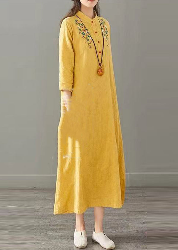 Vintage Yellow Embroideried Patchwork Cotton Long Dresses Fall