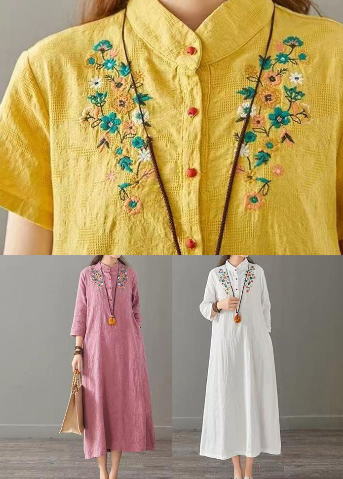 Vintage Yellow Embroideried Patchwork Cotton Long Dresses Fall