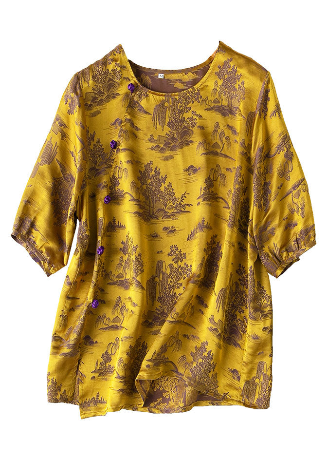 Vintage Yellow Jacquard Side Open Draping Silk Shirt Tops Short Sleeve