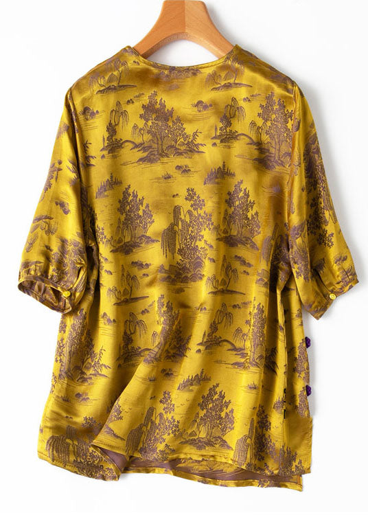 Vintage Yellow Jacquard Side Open Draping Silk Shirt Tops Short Sleeve