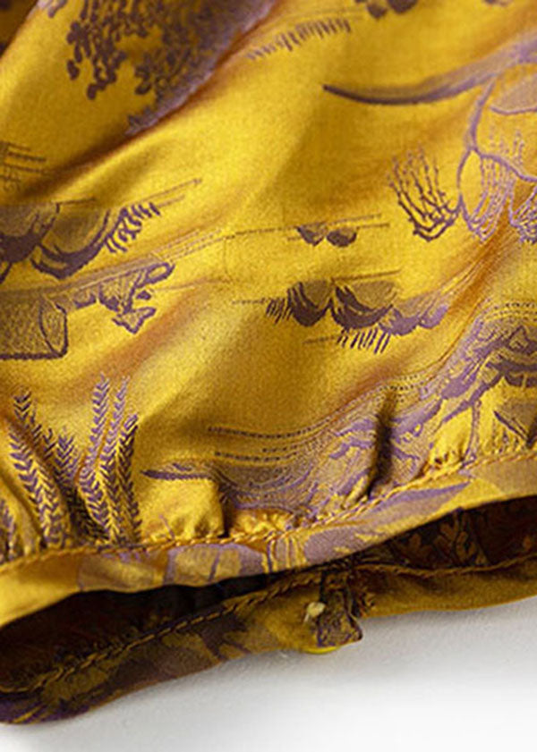 Vintage Yellow Jacquard Side Open Draping Silk Shirt Tops Short Sleeve