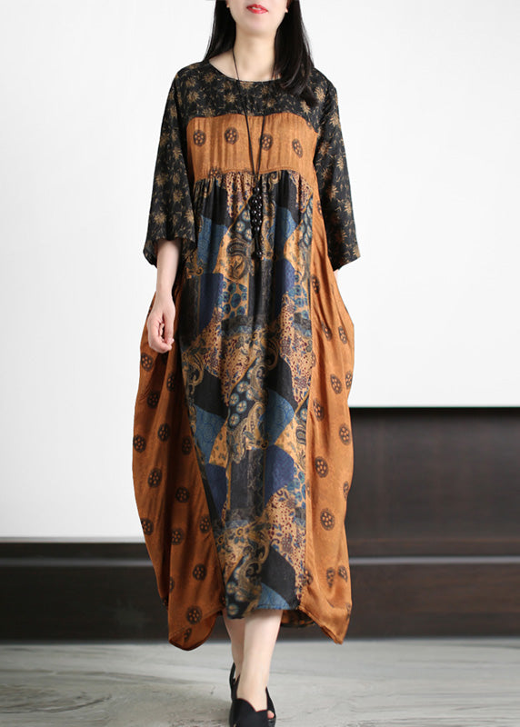 Vintage Yellow O-Neck Patchwork Print Silk Holiday Maxi Dresses