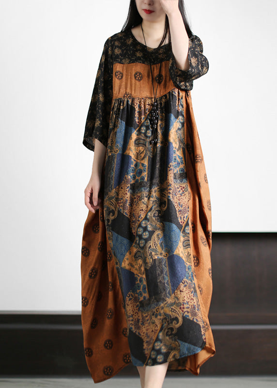 Vintage Yellow O-Neck Patchwork Print Silk Holiday Maxi Dresses