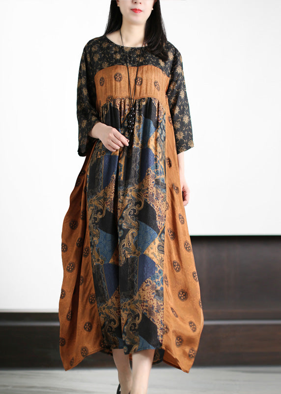 Vintage Yellow O-Neck Patchwork Print Silk Holiday Maxi Dresses