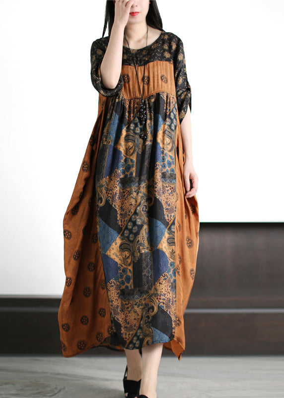 Vintage Yellow O-Neck Patchwork Print Silk Holiday Maxi Dresses Short Sleeve