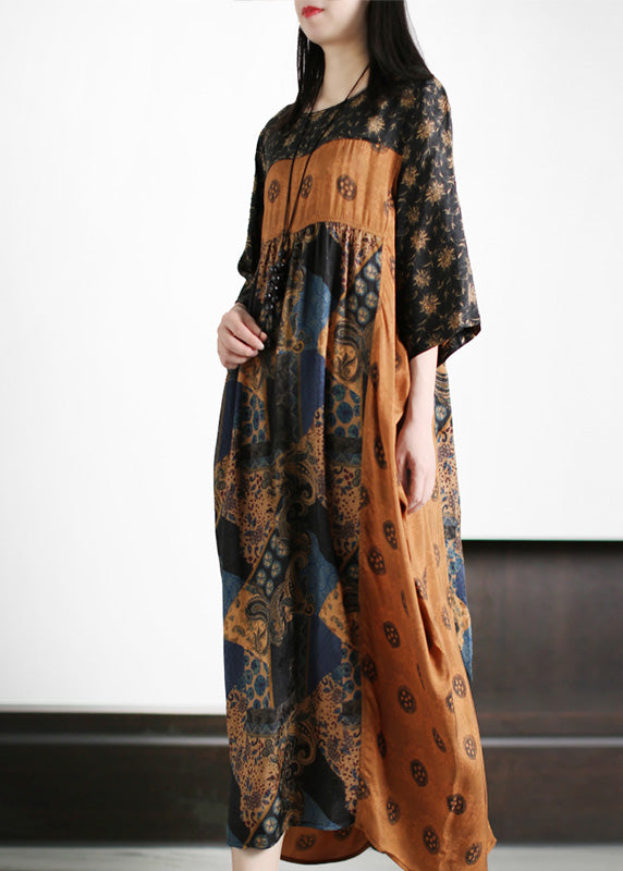 Vintage Yellow O-Neck Patchwork Print Silk Holiday Maxi Dresses