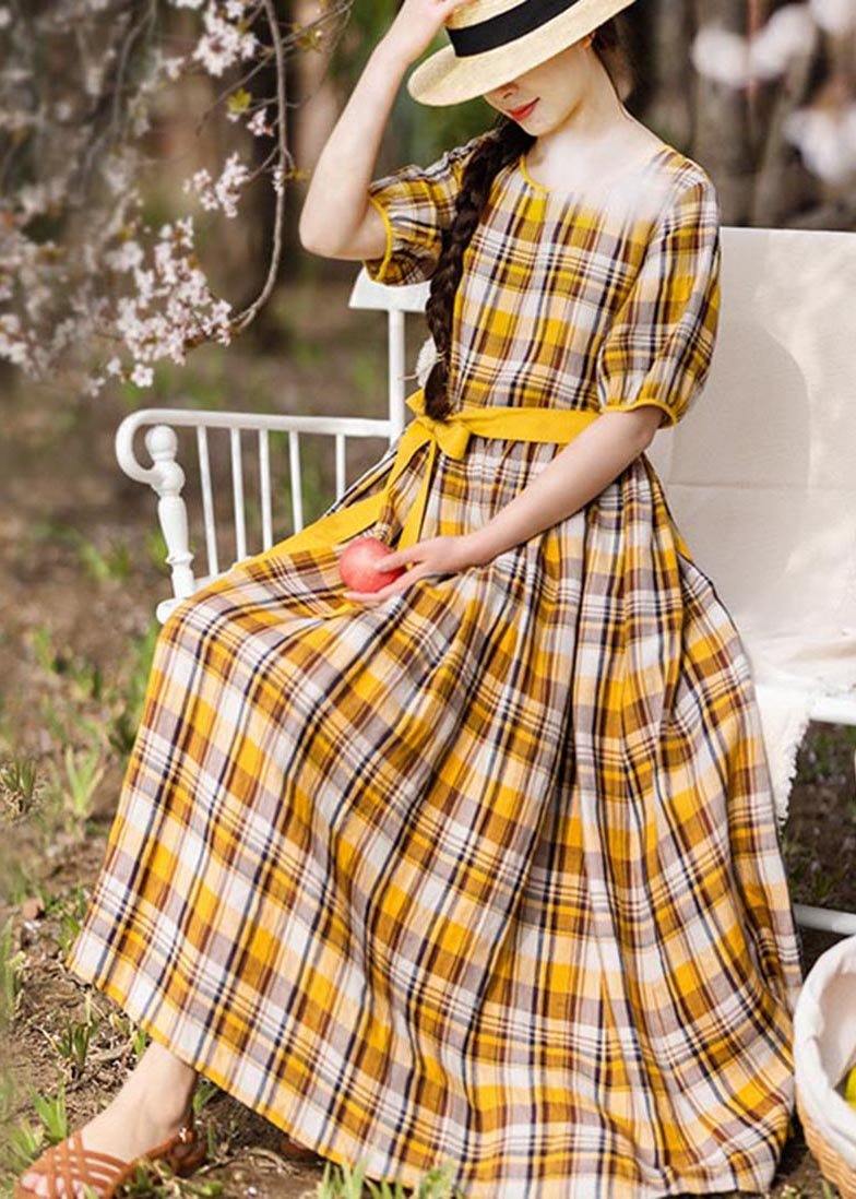 Vintage Yellow Plaid tie waist Mid Summer Linen Dress - Omychic