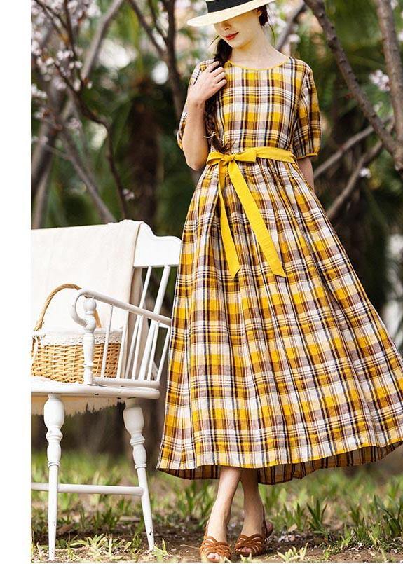 Vintage Yellow Plaid tie waist Mid Summer Linen Dress - Omychic