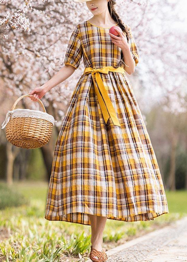 Vintage Yellow Plaid tie waist Mid Summer Linen Dress - Omychic
