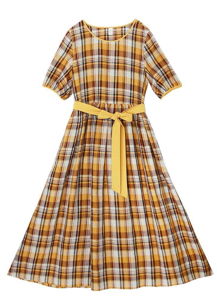 Vintage Yellow Plaid tie waist Mid Summer Linen Dress - Omychic