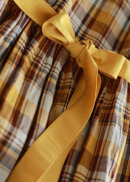 Vintage Yellow Plaid tie waist Mid Summer Linen Dress - Omychic