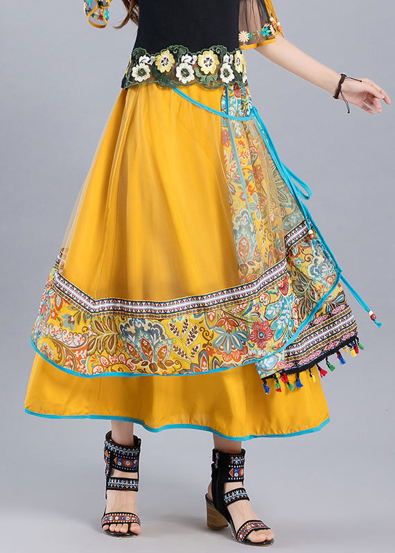 Vintage Yellow Print Lace Up Tulle Patchwork Skirt Summer