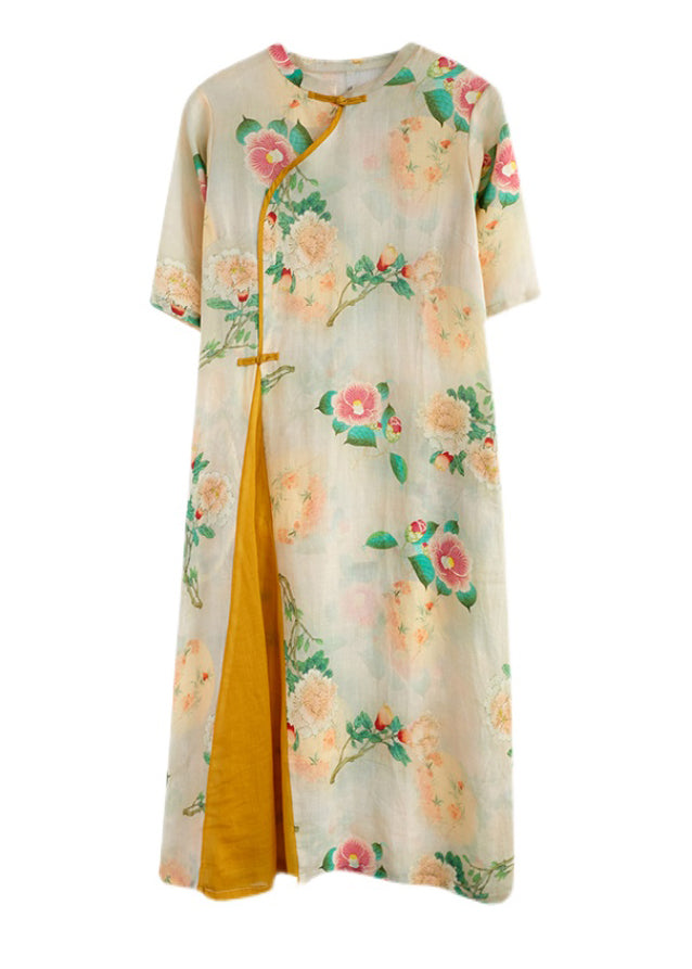 Vintage Yellow Print Patchwork Button Linen Long Dress Half Sleeve